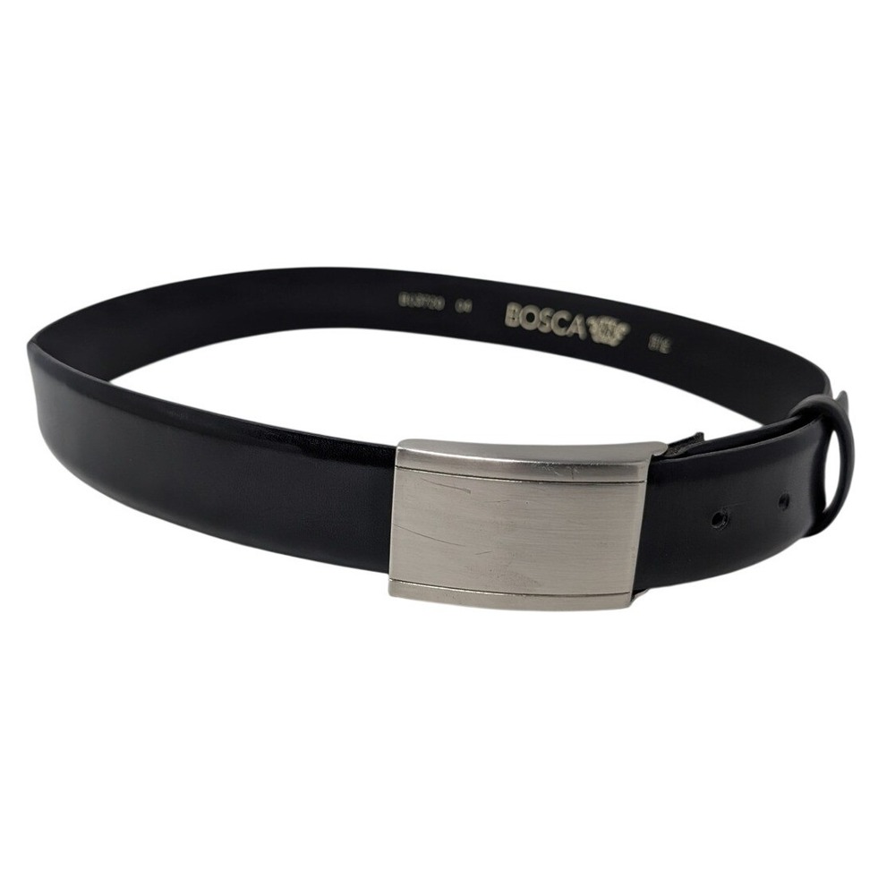 Bosca Men's Black Leather Plaque Buckle Belt Size 34 Italian Dress Belt Work